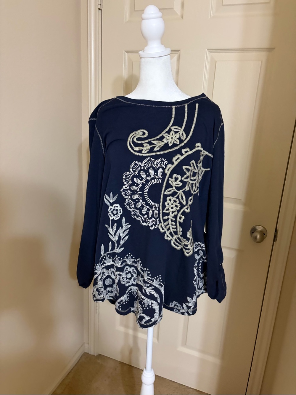 Westbound Navy Blue Long-Sleeve Tunic with Cream Floral Embroidery